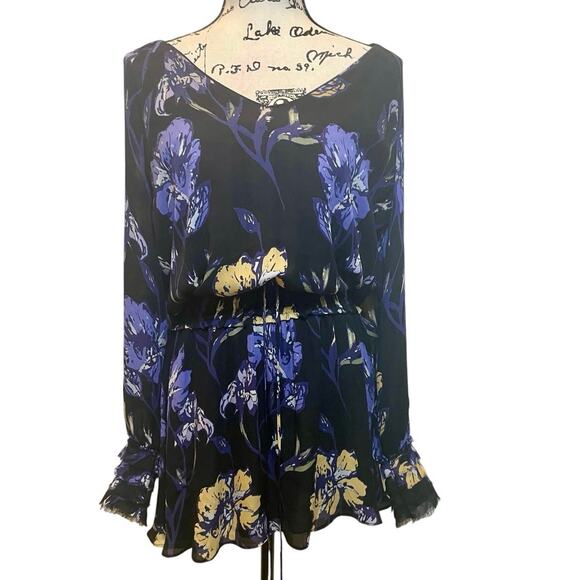 RAMY BROOK MINI DRESS MILENE 100% SILK BLUE FLORAL RUFFLE SMOCKED WAIST SZ S - Picture 6 of 16